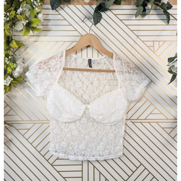 H&M Women's Lace Top White Corset See Through Short Sleeve Size Small - Picture 1 of 6